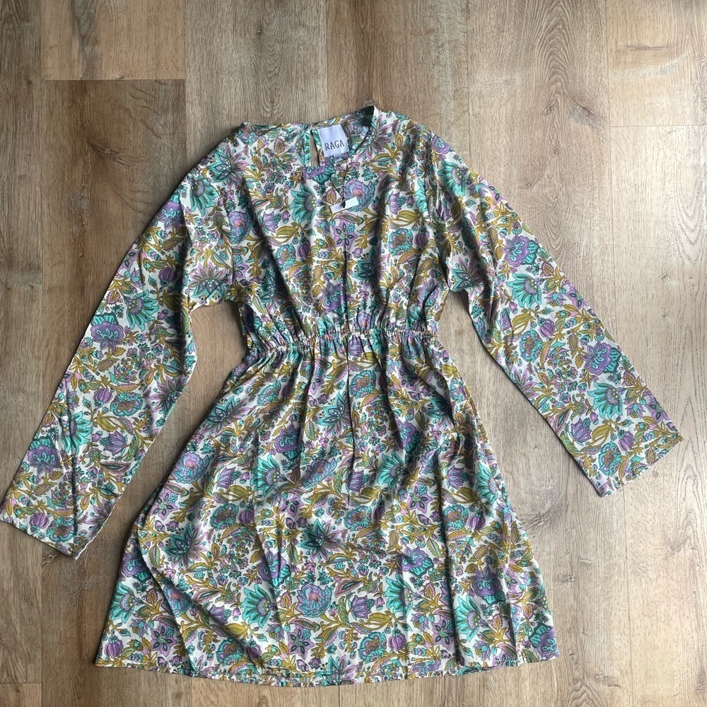 RAGA Floral Empire Waist Mini Dress Size S Rose Gold Mint Purple Boho cottage